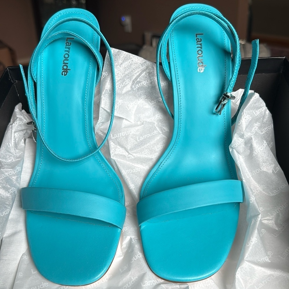 Larroude Nyx Leather Slingback Heel Sandal Single Band Turquoise Size 8